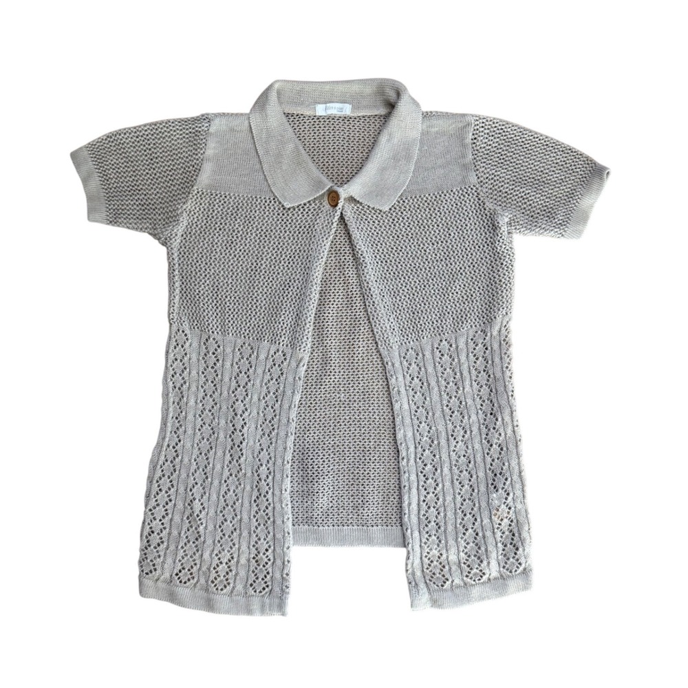 Tan Open Knit Pointelle Short Sleeve Button Collar Cardigan M preppy cottge boho